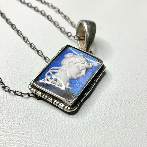 Antique Deco Sterling Butterfly Wing Cameo Necklace England - Picture 3 of 10